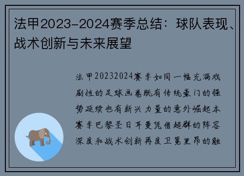 法甲2023-2024赛季总结：球队表现、战术创新与未来展望
